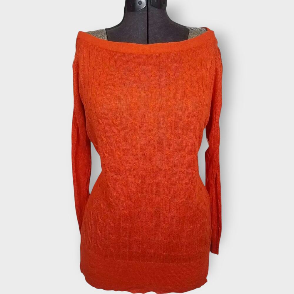 J.Crew Boat Neck Crocheted Sweater 100% Linen Orange Knit Lightweight Size S